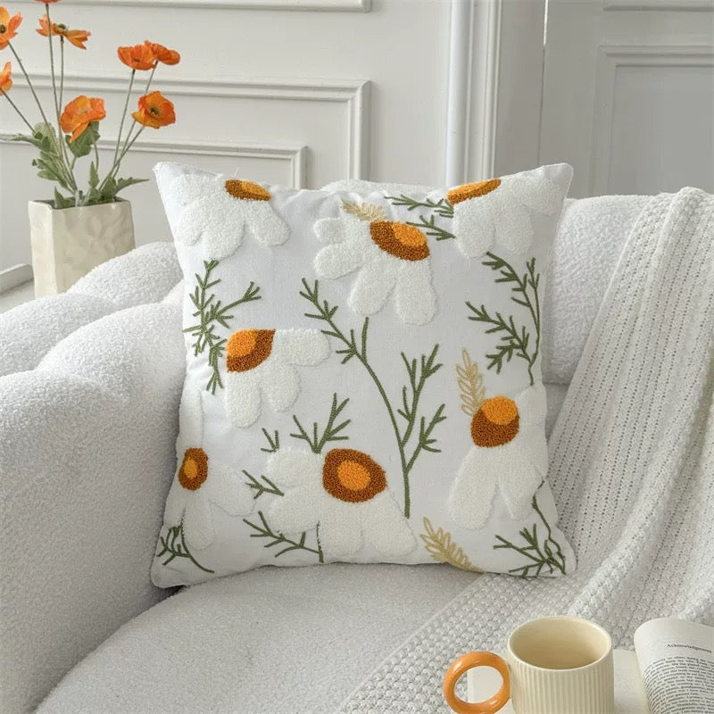 Sunny Bloom Cushion Cover — Handwoven Floral Tufted Pillow
