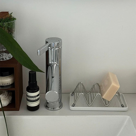 Wave Soap Rack — Stainless Steel & Ceramic Base Drain Holder