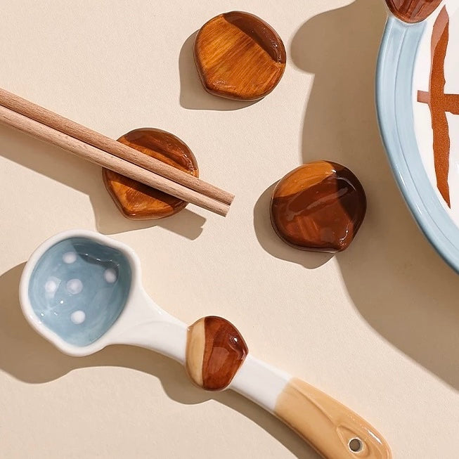 Chestnut Ceramic Chopstick Rest — Natural Warm Brown Set of 6