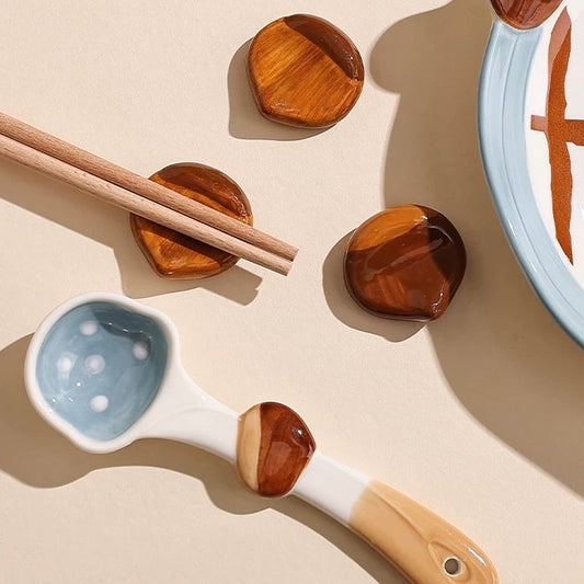 Chestnut Ceramic Chopstick Rest — Natural Warm Brown Set of 6