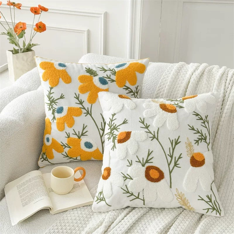 Sunny Bloom Cushion Cover — Handwoven Floral Tufted Pillow