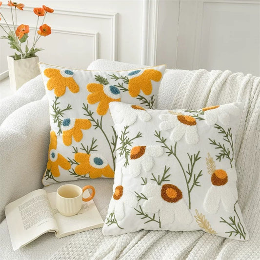 Sunny Bloom Cushion Cover — Handwoven Floral Tufted Pillow